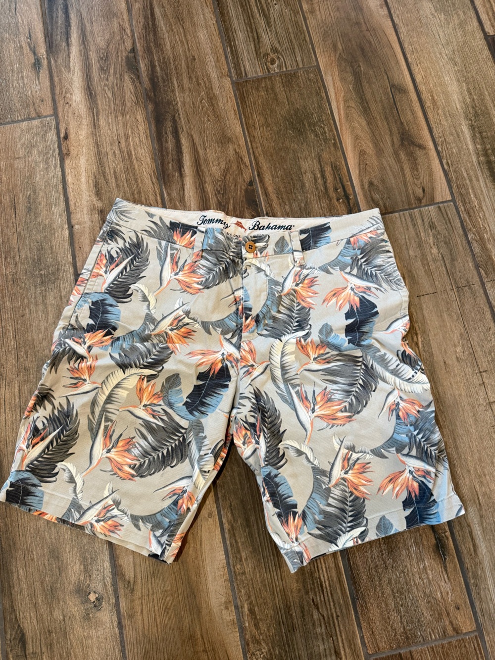 Tommy Bahama Beige Floral-Leaf Print Bermuda Shorts with Blue & Orange Accents